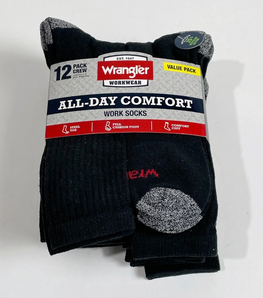 Wrangler Workwear Men's All Day Comfort Work Socks 12 pack Crew Shoe Size 6-12